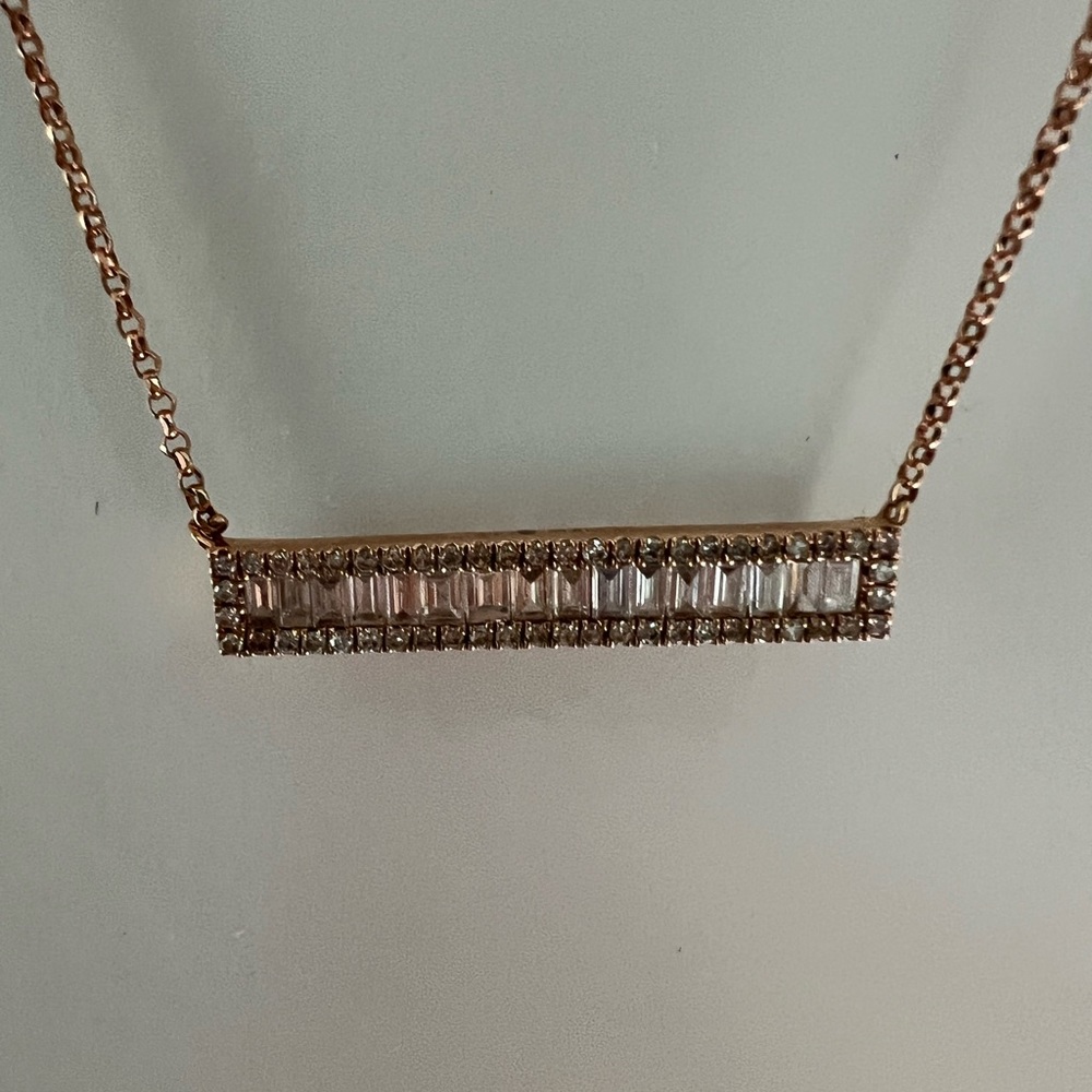 14k Rose Gold Natural Diamond Baguette Bar Necklace